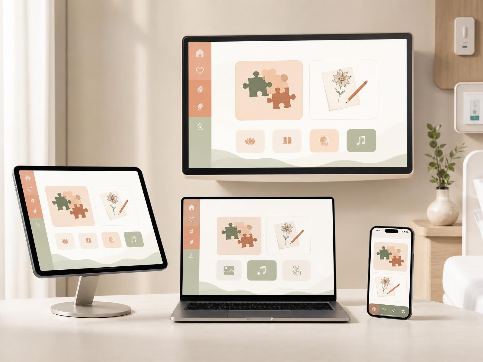 HealPlay activities shown on a tablet, a laptop, a wall-mounted bedside screen and a phone in a calm care room